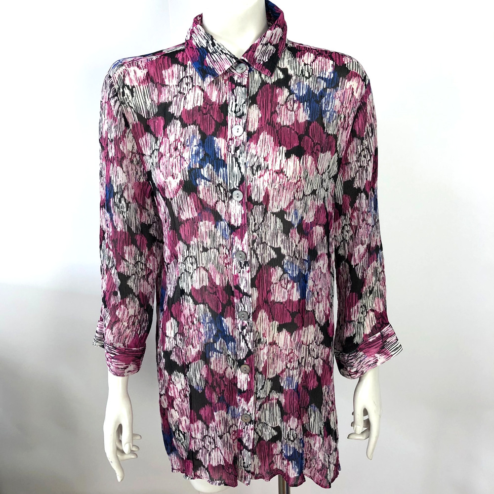 Chico's 3 US XL 100% Silk Chiffon Textured Sheer Button Long Sleeve Shirt Floral